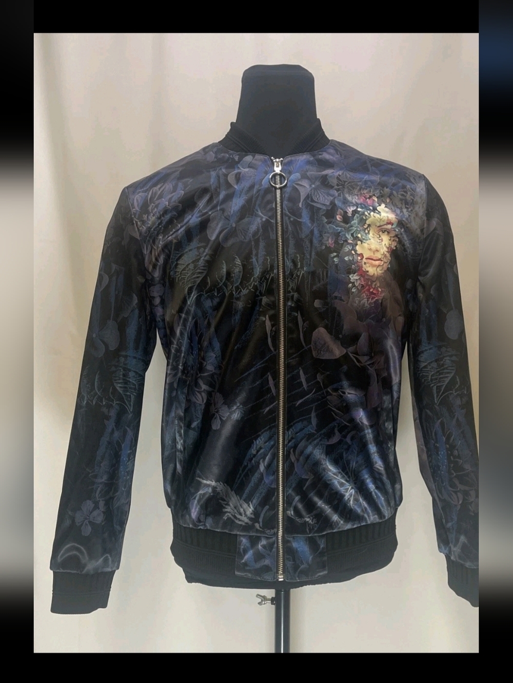 DOLCE ROMA COLLECTION Men's Black Floral Portrait Bomber Jacket Size M